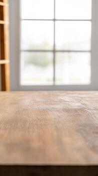 Rustic wooden table surface bathed in soft natural light from a blurred window, offering an inviting backdrop for product showcases or text. photo