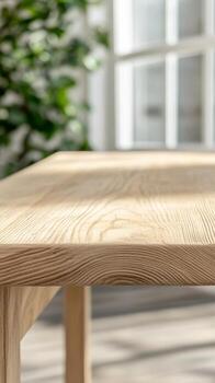 Exquisite Natural Wood Table Surface Bathed in Soft Sunlight, Showcasing Intricate Grain for Elegant Interior Design and Product Display. photo
