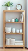 Minimalist Wooden Shelf with Serene Home Decor Organized Storage Solution Featuring Green Plant, Vintage Clock, and Elegant Ceramic Jars photo