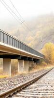 Misty Autumn Landscape A Concrete Railway Bridge Spans Over Tracks Amidst Golden Foliage and Hazy Hills, Evoking a Serene Journey. photo