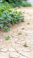 Cracked Earth and Resilient Green Sprouts A Visual Testament to Drought's Impact and Nature's Unyielding Hope Amidst Environmental Challenges photo
