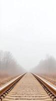 Misty Railway Tracks Disappearing into the Horizon A Serene Journey Through a Foggy Landscape, Evoking Tranquility and Endless Paths photo
