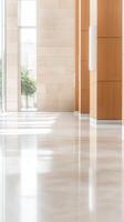 Bright, Modern Architectural Interior with Polished Floors and Natural Light. Contemporary Office Lobby Design, Serene Building Hallway with Wood and Stone Accents photo