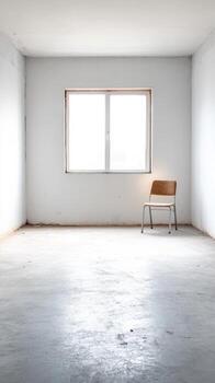 Minimalist Empty Room with Solitary Chair and Bright Window Light, Reflecting Simplicity and Serenity in an Unfurnished Interior Space. photo