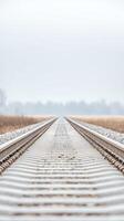 Captivating View Endless Railway Tracks Vanishing into a Misty Horizon, Evoking a Serene Journey Through a Vast Rural Landscape Under an Overcast Sky. photo
