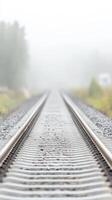 Enigmatic Railway Tracks Disappearing into Dense Fog, Evoking a Sense of Mysterious Journey and Vanishing Horizons in a Serene Landscape photo