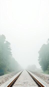 Misty Morning Railway Serene Train Tracks Disappearing into a Foggy Horizon, Evoking a Sense of Calm Journey and Endless Possibilities photo