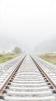 Serene Railway Tracks Disappearing into the Enveloping Mist, a Poetic Vision of Infinite Journeys and Tranquil Landscapes on a Foggy Morning photo