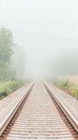 Misty Train Tracks Vanishing into the Fog A Serene Morning Journey on a Tranquil Railway Line Through a Dreamy, Atmospheric Landscape photo