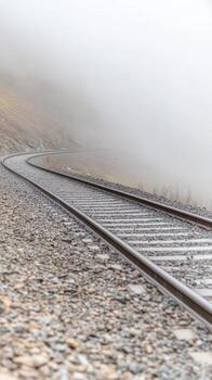 devanado ferrocarril pistas desaparecer dentro un grueso, atmosférico niebla, creando un misterioso y tranquilo escena de un viaje mediante un brumoso montaña paisaje. foto