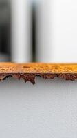 Close-up of vibrant rust on aged metal, revealing intricate textures and the beauty of decay. An abstract industrial surface with rich earthy tones and contrasting white. photo