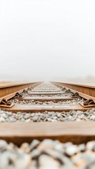 Misty Morning Journey Atmospheric Railroad Tracks Vanishing into Fog, Symbolizing Endless Paths and Future Horizons in a Serene Landscape photo