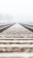 Misty Morning Railway A Vanishing Perspective of Train Tracks Leading into a Serene Foggy Landscape, Evoking Quiet Contemplation photo