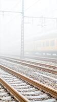 Enigmatic Train Tracks Disappearing into Dense Fog A Moody Railway Scene on a Hazy Morning Journey, Evoking Solitude and Mystery photo
