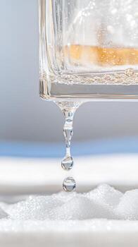 Captivating close-up of crystal clear water droplets falling from a glass, creating a refreshing and pure visual symphony of liquid motion. photo