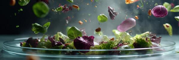 Floating Salad Ingredients Create an Impressive Display of Freshness in a Futuristic Atmosphere Above a Clean Surface photo