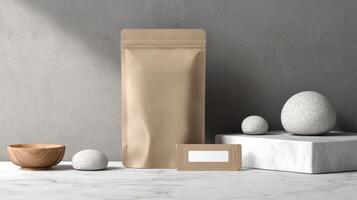 Minimalistic Packaging Pouch Mockup Displayed With Simple Props on a Clean Surface, Emphasizing Design and Versatility in a Contemporary Setting photo