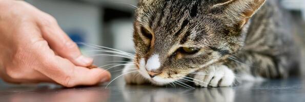 Vet Offers a Treat to a Nervous Cat on a Metal Table During a Check-Up at a Veterinary Clinic photo