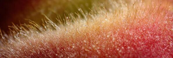 Close-up of Peach Fuzz With Macro Details Showing Droplets and Vibrant Colors in Early Morning Light photo