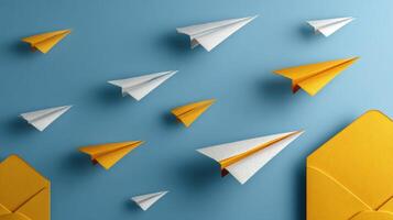 Email Inbox Represented by Paper Planes Flying Through Clear Sky photo