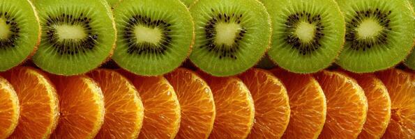 Colorful Abstract Pattern Created From Sliced Kiwis and Oranges Arranged in a Vibrant Display Against a Neutral Background photo
