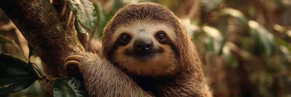 Sloth Embracing Tree Branch in Lush Rainforest, Showcasing Gentle Nature and Vibrant Greenery photo