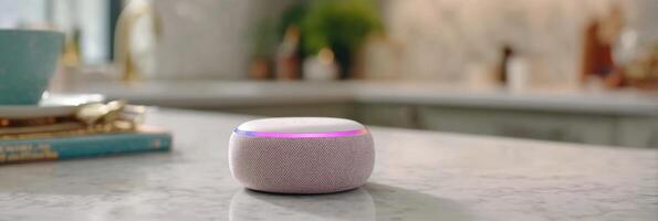 Smart Speaker Responds With Voice Assistance in a Bright Kitchen Setting With Open Top Area During a Casual Home Moment photo