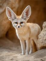 Fennec Fox in Sandy Habitat With Large Ears Alert and Curiosity Shining in Its Eyes photo