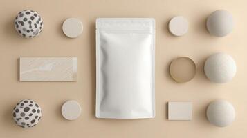 Modern Packaging Pouch Mockup Displayed With Minimalistic Props on a Soft Beige Background for Design Inspiration photo
