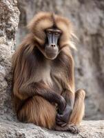 Gelada Baboon With Serious Expression Resting Against Rocky Backdrop in Natural Habitat photo