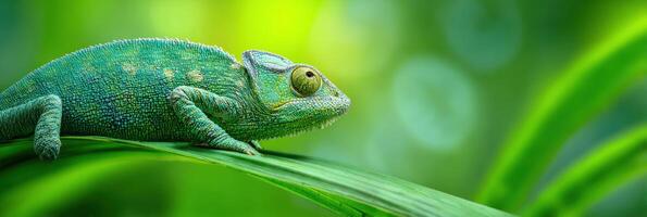 Chameleon Camouflaging on Vibrant Green Leaf in Soft Bokeh Background photo
