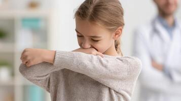 Child Sneezes Into Elbow While Visiting Pediatrician in Bright Clinic Room With Open Layout photo