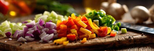 Chopped Vegetables Arranged on a Wooden Cutting Board for Healthy Meal Preparation in a Cozy Kitchen Setting photo