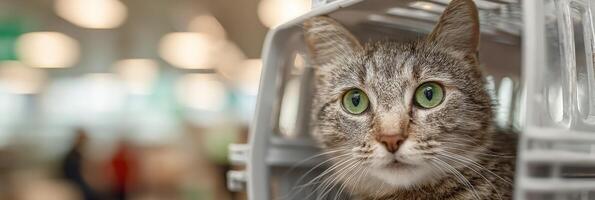 Calm Cat Waits in Travel Carrier at Veterinary Clinic During Appointment photo