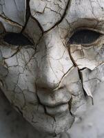 Cracked Mask Reveals Calm Facade Hiding Deep Anxiety and Turmoil in a Wide Layout Capturing Intricate Details and Emotions photo