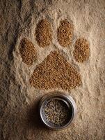 Grain Pile Shaped Like Paw Print With Food Bowl Alongside in an Open Area photo