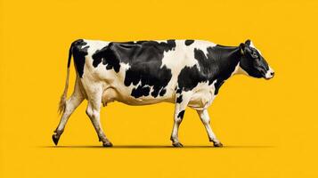 Cow Walking in Side View Against Bright Yellow and Cream Background During Daylight in a Rural Setting photo