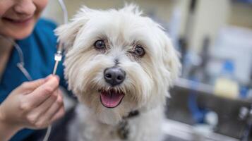 Vet Prepares for Dental Surgery Adjustment With a Dog in a Veterinary Clinic Setting photo