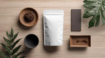 Minimal Pouch Mockup With Elegant Props on Wooden Surface for Design and Branding Projects photo