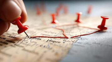 Hand placing pushpins on vintage map photo