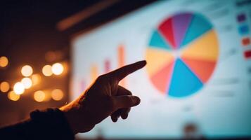 Hand pointing at a pie chart projection photo