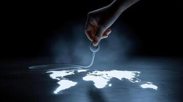 Hand placing a glowing object on a world map photo