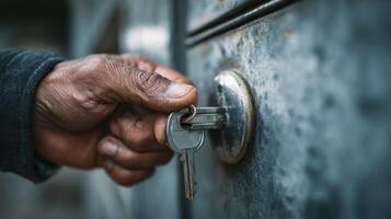 Hand inserting key into metal lock photo