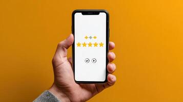 Hand holding phone with rating stars photo