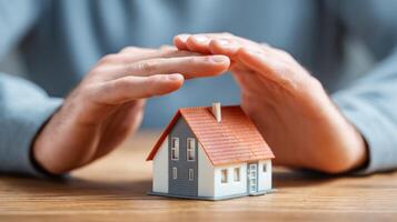 Hands protecting a miniature house by AI photo