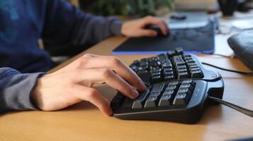 Hands typing on a specialized ergonomic keyboard photo