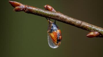 Insect pupa hanging from branch photo