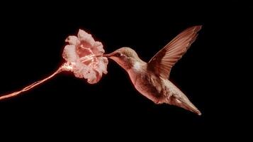 Hummingbird in flight near glowing flower photo