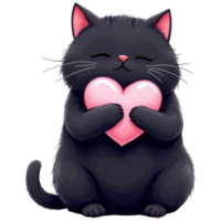 An adorable illustration of a fluffy black cat embraces a big pink heart. Depicting affectionate emotions, it's perfect for conveying love and warmth. png