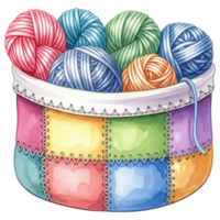 A vibrant patchwork basket overflowing with colorful yarn balls, showcasing the charm and warmth of a handcrafted hobby. png
